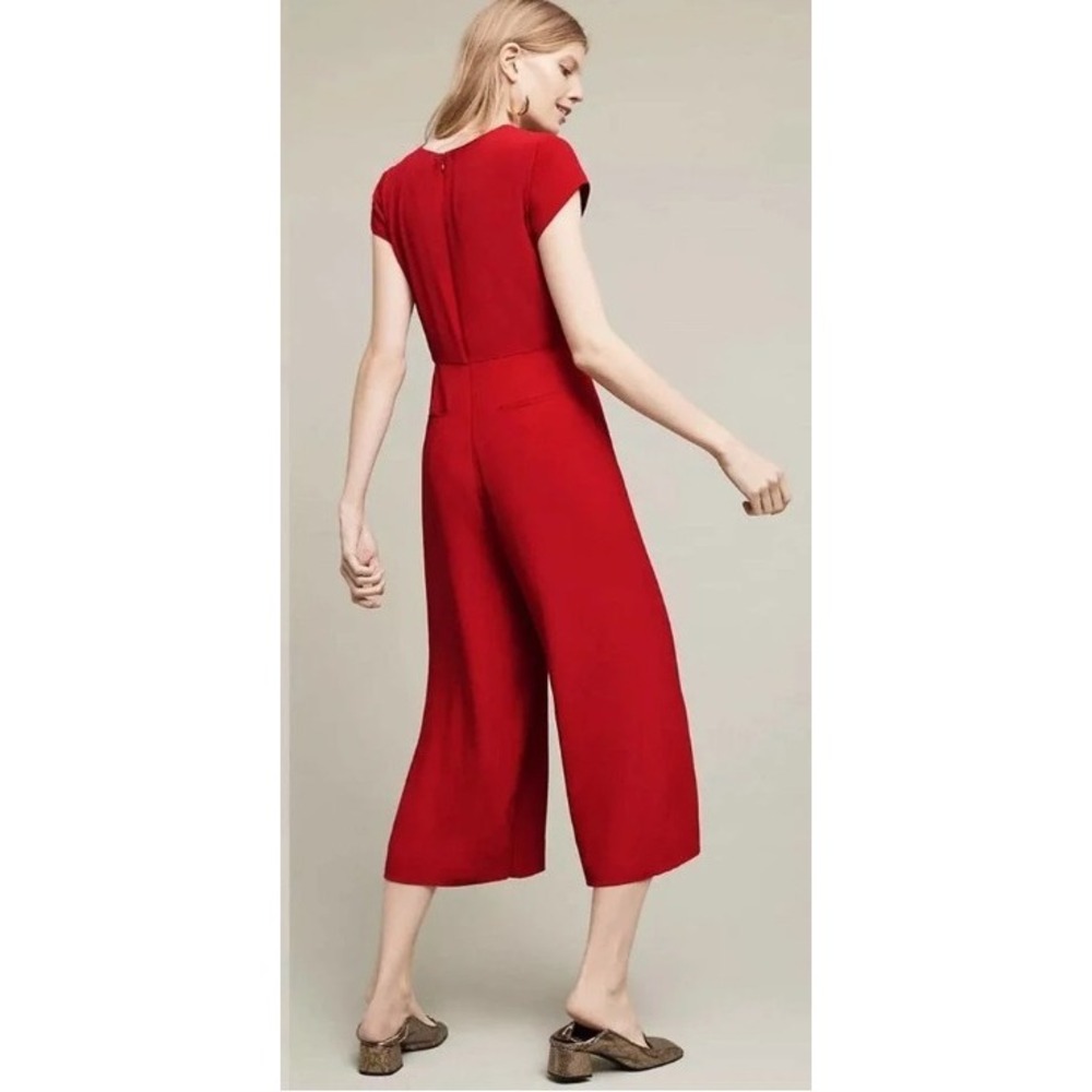 Anthropologie Galatea Tie Front Jumpsuit Red Wide Leg Cropped Short Sleeve S - Picture 2 of 13